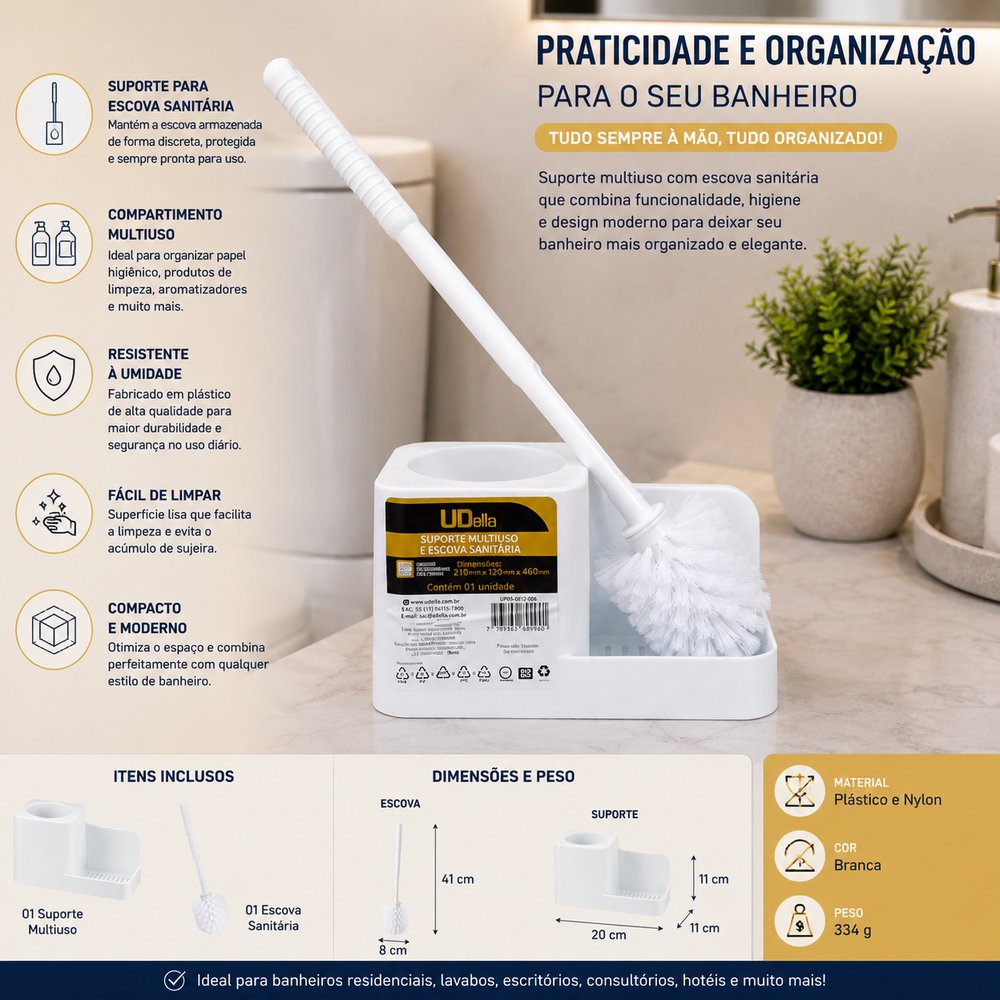 Kit Suporte Multiuso com Escova Sanitária Branca DELLO para Banheiro - Imagem 3